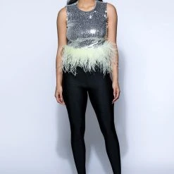 DISCO BALL SLEEVELESS FEATHER TRIM CROP TOP -helmut shop disco ball sleeveless feather trim crop top silver 7 7