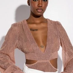 DISCO DIVA DEEP V LONG SLEEVE BODYSUIT WITH CUTOUTS