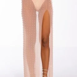 DISCO DOLL EMBELLISHED HIGH SLIT MESH MAXI SKIRT -helmut shop disco doll embellished high slit mesh maxi skirt light brown 3 3