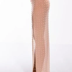 DISCO DOLL EMBELLISHED HIGH SLIT MESH MAXI SKIRT -helmut shop disco doll embellished high slit mesh maxi skirt light brown 4 4