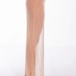 DISCO DOLL EMBELLISHED HIGH SLIT MESH MAXI SKIRT -helmut shop disco doll embellished high slit mesh maxi skirt light brown 5 5