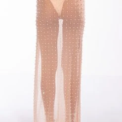 DISCO DOLL EMBELLISHED HIGH SLIT MESH MAXI SKIRT -helmut shop disco doll embellished high slit mesh maxi skirt light brown 6 6