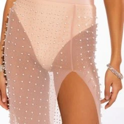 DISCO DOLL EMBELLISHED HIGH SLIT MESH MAXI SKIRT -helmut shop disco doll embellished high slit mesh maxi skirt light brown 7 7