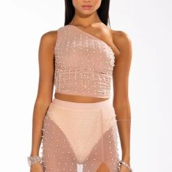 DISCO DOLL EMBELLISHED ONE SHOULDER MESH CROP TOP -helmut shop disco doll embellished one shoulder mesh crop top light brown 3 3