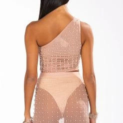 DISCO DOLL EMBELLISHED ONE SHOULDER MESH CROP TOP -helmut shop disco doll embellished one shoulder mesh crop top light brown 6 6