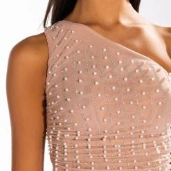 DISCO DOLL EMBELLISHED ONE SHOULDER MESH CROP TOP -helmut shop disco doll embellished one shoulder mesh crop top light brown 7 7
