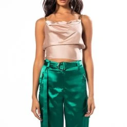 DIVA DRIP SLEEVELESS CHAIN DETAIL SATIN COWL NECK BLOUSE -helmut shop diva drip sleeveless chain detail satin cowl neck blouse beige 7 7