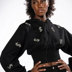 DOLLARS ON MY MIND CROPPED RHINESTONE SWEATSHIRT