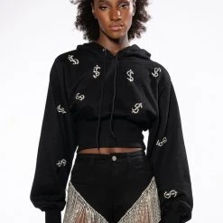 DOLLARS ON MY MIND CROPPED RHINESTONE SWEATSHIRT -helmut shop dollars on my mind cropped rhinestone sweatshirt black 4 4
