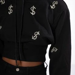 DOLLARS ON MY MIND CROPPED RHINESTONE SWEATSHIRT -helmut shop dollars on my mind cropped rhinestone sweatshirt black 7 7