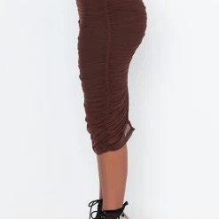 DRAMA FREE CINCHED MESH MIDI SKIRT -helmut shop drama free ruched midi mesh skirt brown 2 2 c1 c1