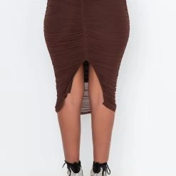 DRAMA FREE CINCHED MESH MIDI SKIRT -helmut shop drama free ruched midi mesh skirt brown 3 3 c1 c1