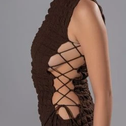 DREAM LOVER TEXTURED LACE UP JUMPSUIT -helmut shop dream lover textured lace up jumpsuit brown 5 5