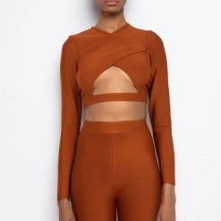 DRINKS ON YOU CUTOUT LONG SLEEVE BANDAGE TOP -helmut shop drinks on you cutout long sleeve bandage top rust 4 4