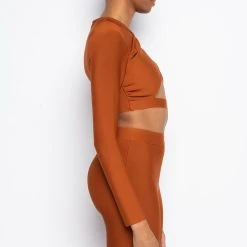 DRINKS ON YOU CUTOUT LONG SLEEVE BANDAGE TOP -helmut shop drinks on you cutout long sleeve bandage top rust 5 5