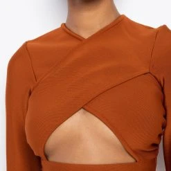 DRINKS ON YOU CUTOUT LONG SLEEVE BANDAGE TOP -helmut shop drinks on you cutout long sleeve bandage top rust 7 7