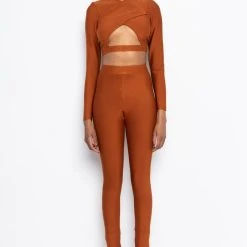 DRINKS ON YOU CUTOUT LONG SLEEVE BANDAGE TOP -helmut shop drinks on you cutout long sleeve bandage top rust 9 9