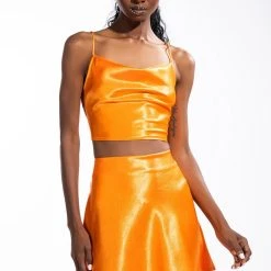 DUSK TILL DAWN CROPPED SLEEVELESS SATIN COWL NECK TANK TOP -helmut shop dusk till dawn cropped sleeveless satin cowl neck tank top orange 2 2