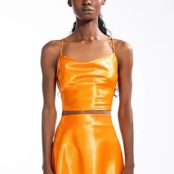 DUSK TILL DAWN CROPPED SLEEVELESS SATIN COWL NECK TANK TOP -helmut shop dusk till dawn cropped sleeveless satin cowl neck tank top orange 4 4