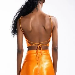 DUSK TILL DAWN CROPPED SLEEVELESS SATIN COWL NECK TANK TOP -helmut shop dusk till dawn cropped sleeveless satin cowl neck tank top orange 6 6