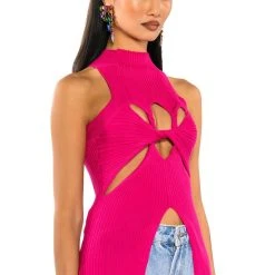DYNAMITE MOCK NECK TWIST DETAIL SLEEVELESS KNIT TOP -helmut shop dynamite mock neck twist detail sleeveless knit top fuchsia 2 2