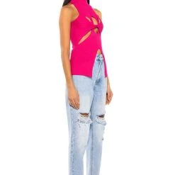 DYNAMITE MOCK NECK TWIST DETAIL SLEEVELESS KNIT TOP -helmut shop dynamite mock neck twist detail sleeveless knit top fuchsia 4 4