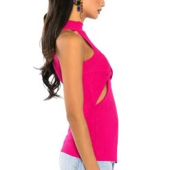DYNAMITE MOCK NECK TWIST DETAIL SLEEVELESS KNIT TOP -helmut shop dynamite mock neck twist detail sleeveless knit top fuchsia 6 6