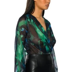 EARTH SIGN LONG SLEEVE SURPLICE CHIFFON CHEEKY BODYSUIT -helmut shop earth sign long sleeve surplice chiffon cheeky bodysuit green multi 2 2 c1