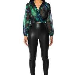 EARTH SIGN LONG SLEEVE SURPLICE CHIFFON CHEEKY BODYSUIT -helmut shop earth sign long sleeve surplice chiffon cheeky bodysuit green multi 3 3 c1