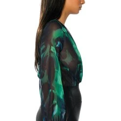 EARTH SIGN LONG SLEEVE SURPLICE CHIFFON CHEEKY BODYSUIT -helmut shop earth sign long sleeve surplice chiffon cheeky bodysuit green multi 4 4 c1