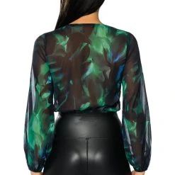 EARTH SIGN LONG SLEEVE SURPLICE CHIFFON CHEEKY BODYSUIT -helmut shop earth sign long sleeve surplice chiffon cheeky bodysuit green multi 5 5 c1