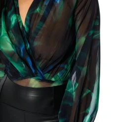 EARTH SIGN LONG SLEEVE SURPLICE CHIFFON CHEEKY BODYSUIT -helmut shop earth sign long sleeve surplice chiffon cheeky bodysuit green multi 6 6 c1