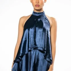 EASY GOING HIGH LOW SATIN HALTERNECK TOP -helmut shop easy going high low satin halterneck top teal 3 3