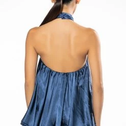 EASY GOING HIGH LOW SATIN HALTERNECK TOP -helmut shop easy going high low satin halterneck top teal 5 5