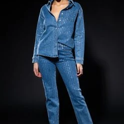 EFFORTLESS GLAM RHINESTONE STRIPE BUTTON DOWN SHIRT -helmut shop effortless glam rhinestone stripe button down shirt blue 3 3