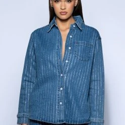 EFFORTLESS GLAM RHINESTONE STRIPE BUTTON DOWN SHIRT -helmut shop effortless glam rhinestone stripe button down shirt blue 4 4