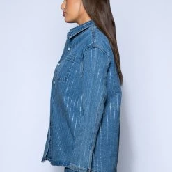 EFFORTLESS GLAM RHINESTONE STRIPE BUTTON DOWN SHIRT -helmut shop effortless glam rhinestone stripe button down shirt blue 5 5