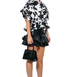 ELEGANZA TIE FRONT BLOUSE -helmut shop eleganza tie front blouse black white 3 3