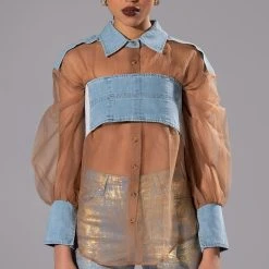 ELLORY DENIM DETAILED MESH BUTTON DOWN -helmut shop ellory denim detailed mesh button down taupe 5 5