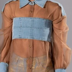 ELLORY DENIM DETAILED MESH BUTTON DOWN -helmut shop ellory denim detailed mesh button down taupe 8 8