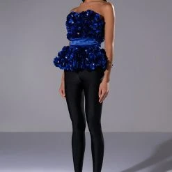 EMILIA FLORAL APPLIQUE STRAPLESS TOP -helmut shop emilia floral applique strapless top blue 4 4