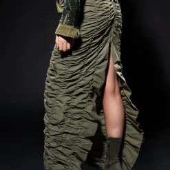ENCORE SCRUNCHED SLIT MAXI SKIRT -helmut shop encore scrunched slit maxi skirt olive 1 1 c1