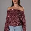 ENERGY OFF THE SHOULDER VELVET SEQUIN SWEATSHIRT -helmut shop energy off the shoulder velvet sequin sweatshirt pink 1 1 c1
