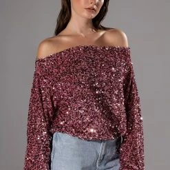 ENERGY OFF THE SHOULDER VELVET SEQUIN SWEATSHIRT -helmut shop energy off the shoulder velvet sequin sweatshirt pink 2 2 c1