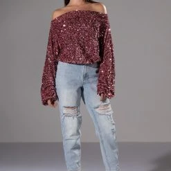 ENERGY OFF THE SHOULDER VELVET SEQUIN SWEATSHIRT -helmut shop energy off the shoulder velvet sequin sweatshirt pink 3 3 c1