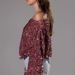 ENERGY OFF THE SHOULDER VELVET SEQUIN SWEATSHIRT -helmut shop energy off the shoulder velvet sequin sweatshirt pink 4 4 c1