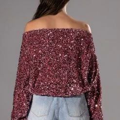 ENERGY OFF THE SHOULDER VELVET SEQUIN SWEATSHIRT -helmut shop energy off the shoulder velvet sequin sweatshirt pink 5 5 c1