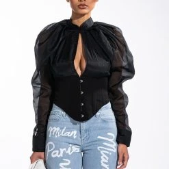 ENVIOUS CUTOUT LONG SLEEVE CORSET BLOUSE -helmut shop envious cutout long sleeve corset blouse black 3 3