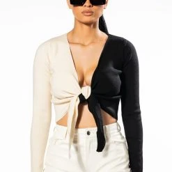 ENVY ME COLORBLOCKED TIE FRONT SWEATER -helmut shop envy me colorblocked tie front sweater black multi 3 3