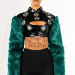 EYE OF THE BEHOLDER FAUX FUR LONG SLEEVE CROP TOP -helmut shop eye of the beholder faux fur long sleeve crop top green multi 4 4
